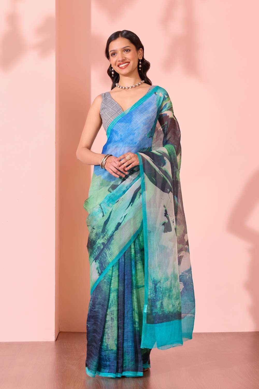 Blue  Printed Pure Silk Organza Saree image number null