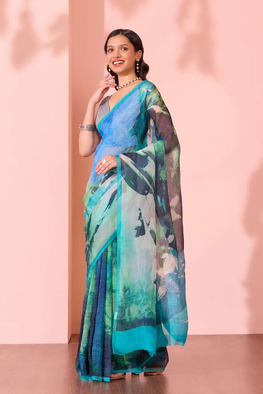 Blue  Printed Pure Silk Organza Saree image number null