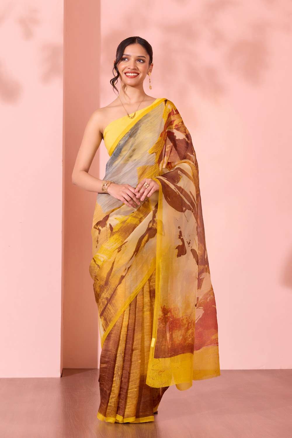 Yellow  Printed Pure Silk Organza Saree image number null