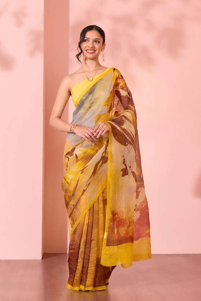 Yellow  Printed Pure Silk Organza Saree image number
