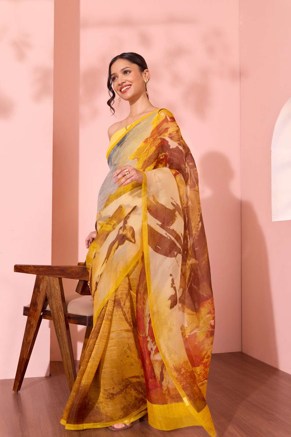 Yellow  Printed Pure Silk Organza Saree image number null