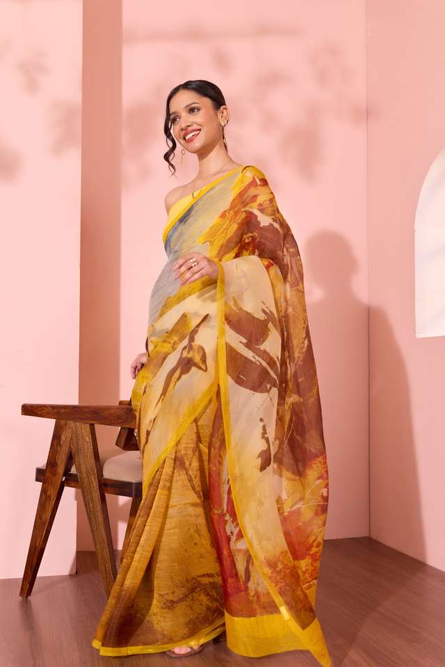 Yellow  Printed Pure Silk Organza Saree thumbnail image number null