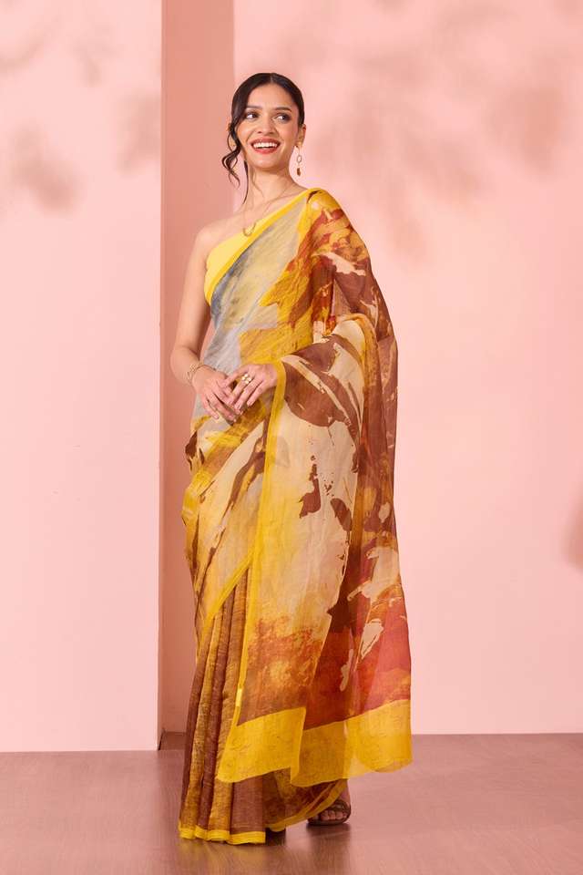 Yellow  Printed Pure Silk Organza Saree thumbnail image number null