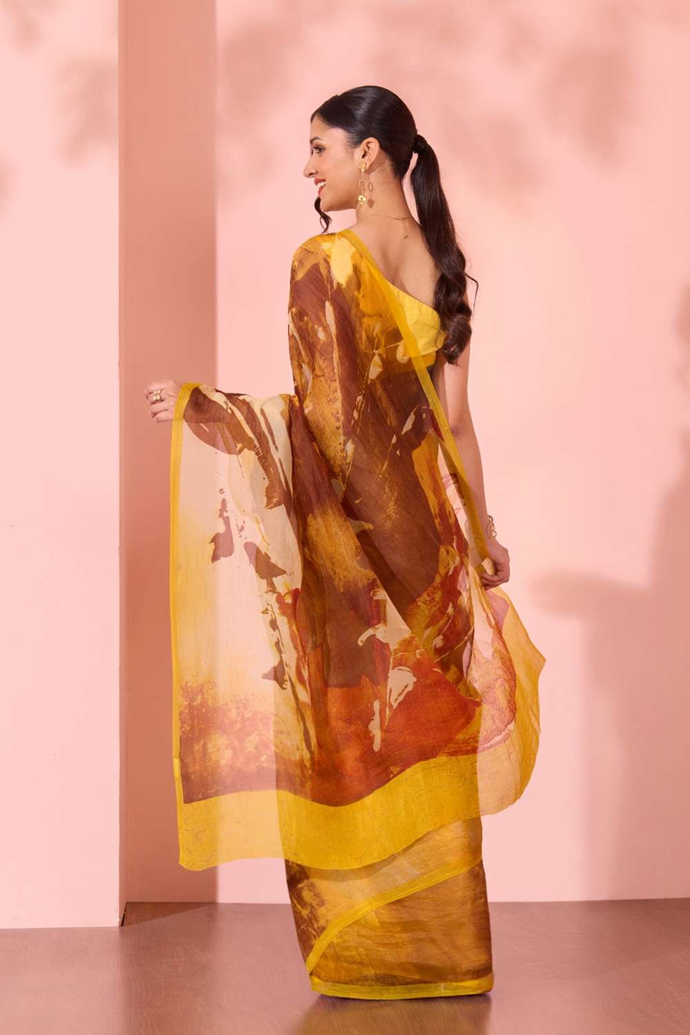 Yellow  Printed Pure Silk Organza Saree image number null