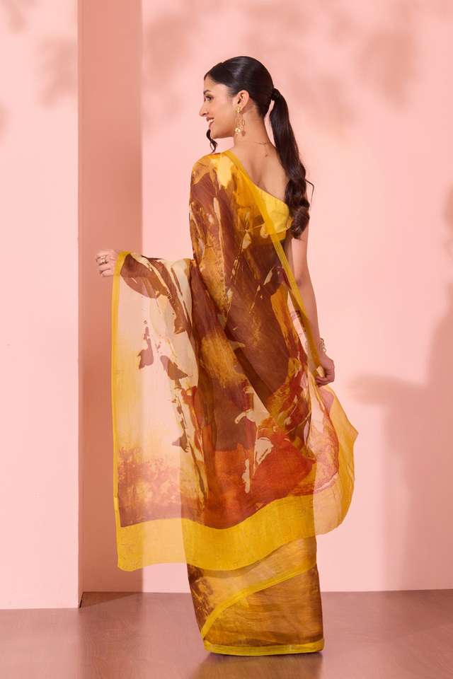 Yellow  Printed Pure Silk Organza Saree thumbnail image number null