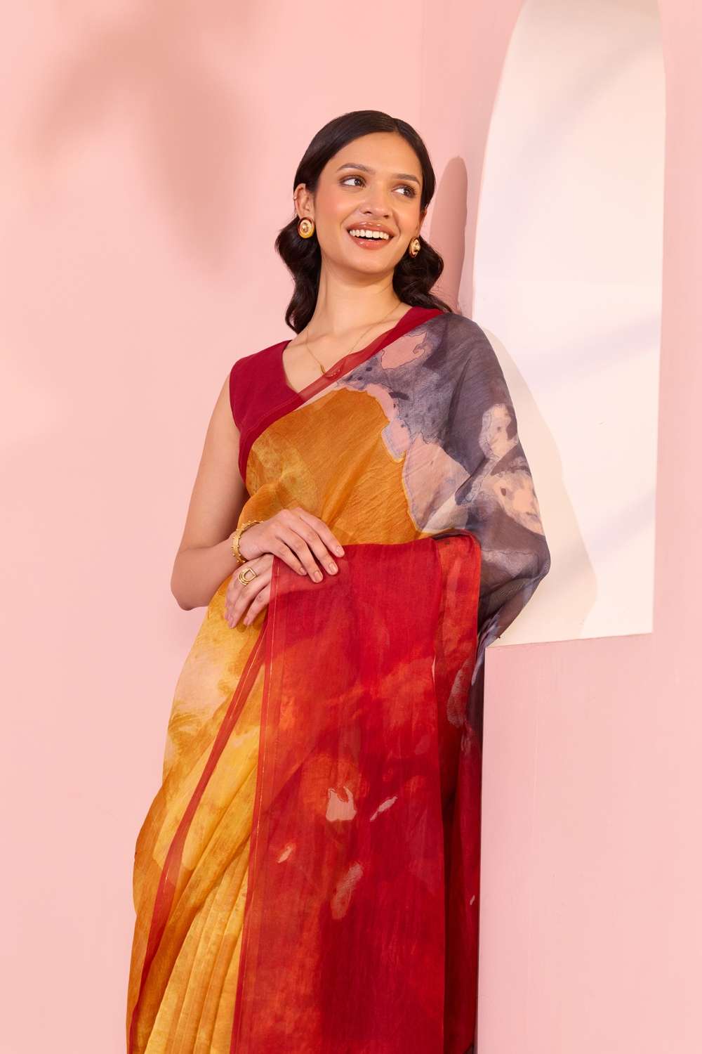 Yellow  Printed Pure Silk Organza Saree image number null