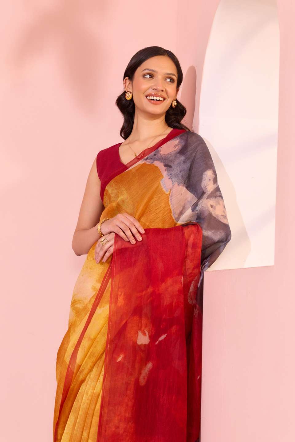 Yellow  Printed Pure Silk Organza Saree