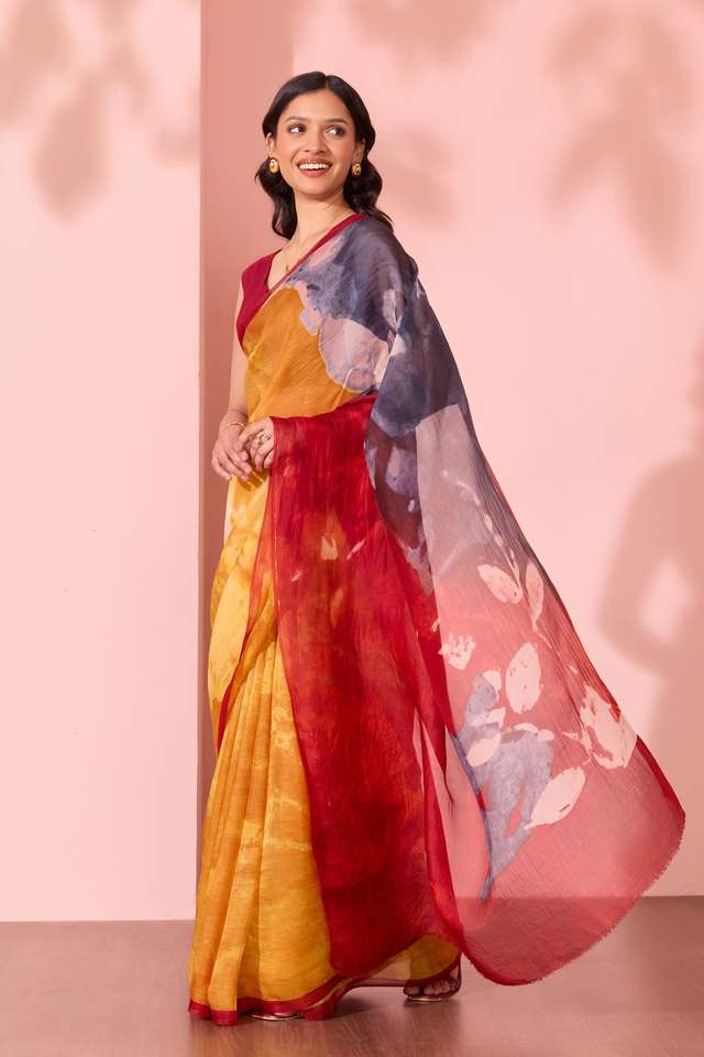 Yellow  Printed Pure Silk Organza Saree thumbnail image number null
