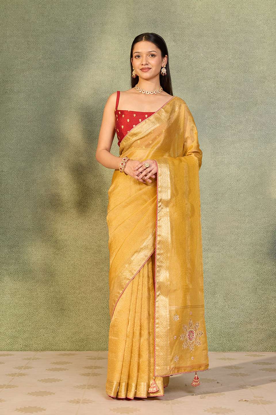 Yellow Viscose Tissue Gota Patti Emroidery Saree
