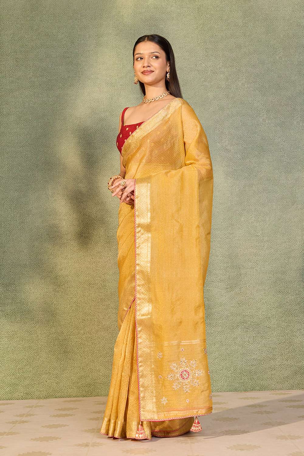 Yellow Viscose Tissue Gota Patti Emroidery Saree image number null