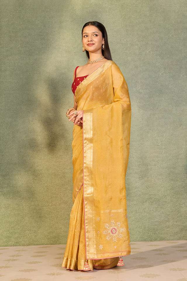 Yellow Viscose Tissue Gota Patti Emroidery Saree thumbnail image number null