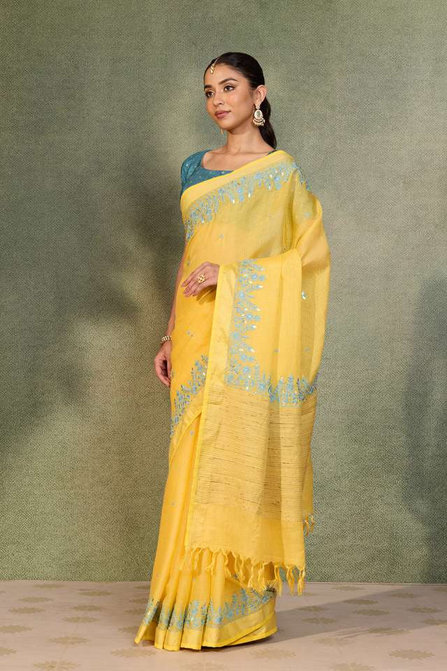 Yellow Embroidered Silk Viscose Saree thumbnail image number null