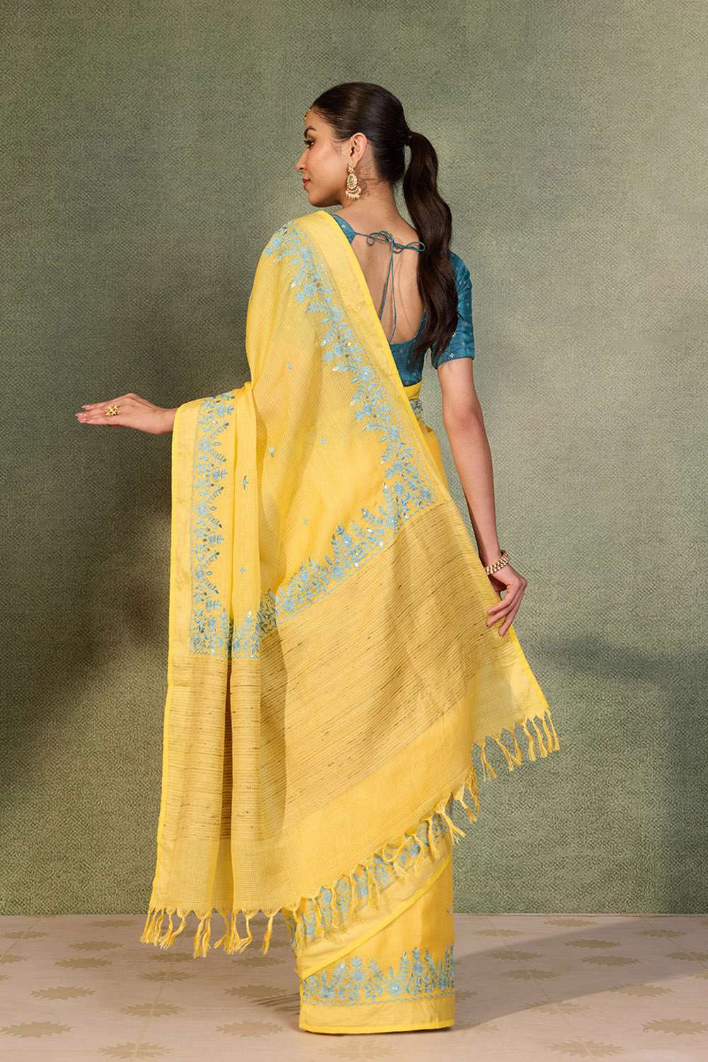 Yellow Embroidered Silk Viscose Saree image number null
