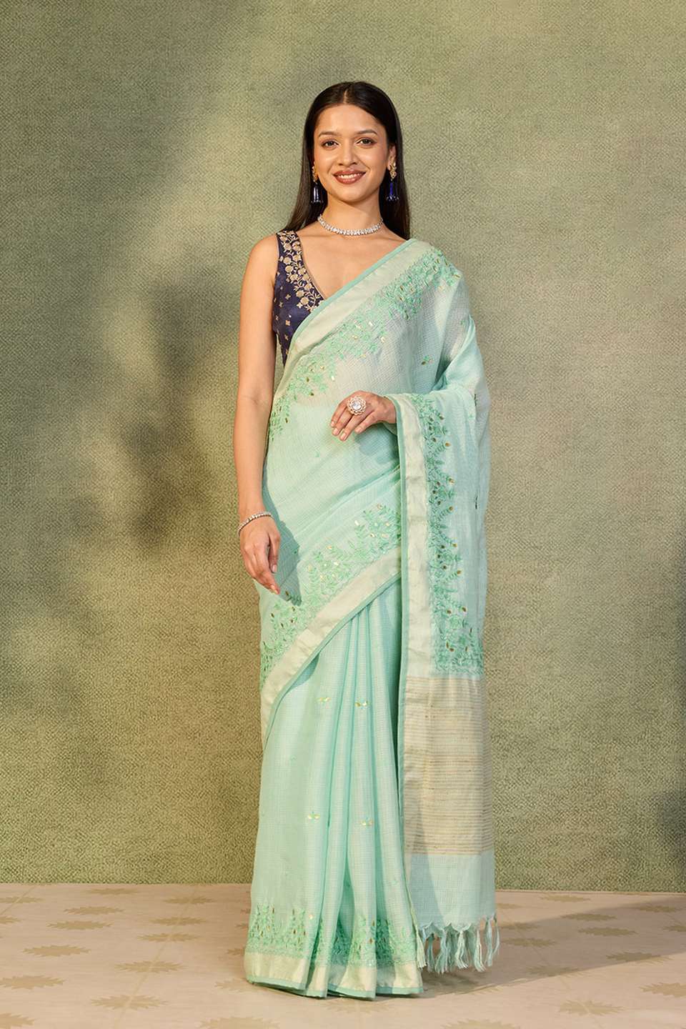 Light Blue Embroidered Silk Viscose Saree