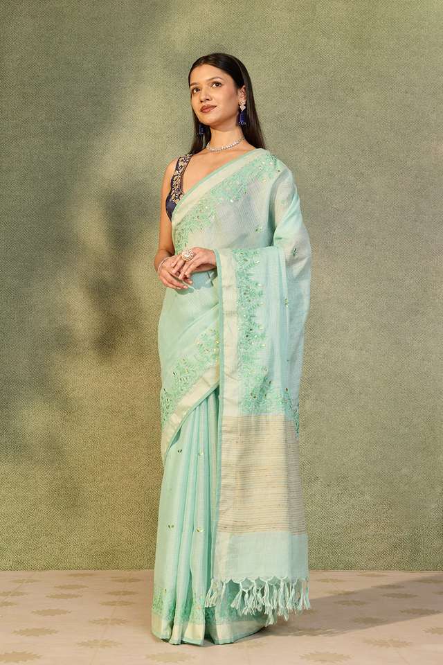 Light Blue Embroidered Silk Viscose Saree thumbnail image number null