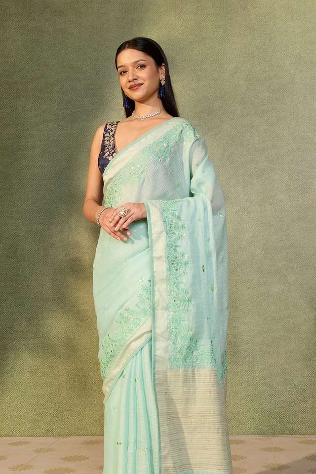 Light Blue Embroidered Silk Viscose Saree thumbnail image number null