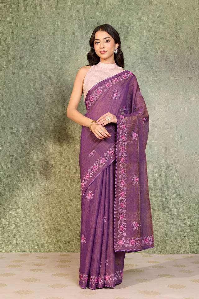 Dark Violet Tissue Lyocell Linen Embroidered Saree image number