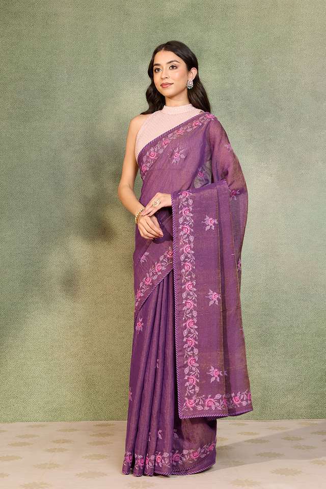 Dark Violet Tissue Lyocell Linen Embroidered Saree thumbnail image number null