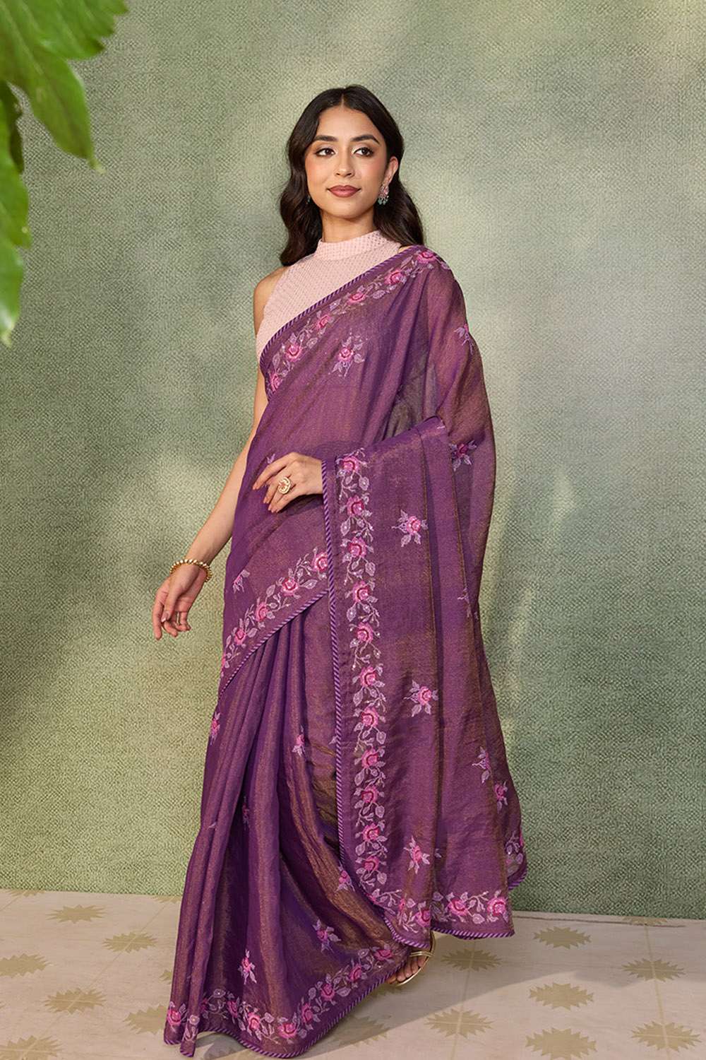 Dark Violet Tissue Lyocell Linen Embroidered Saree image number null