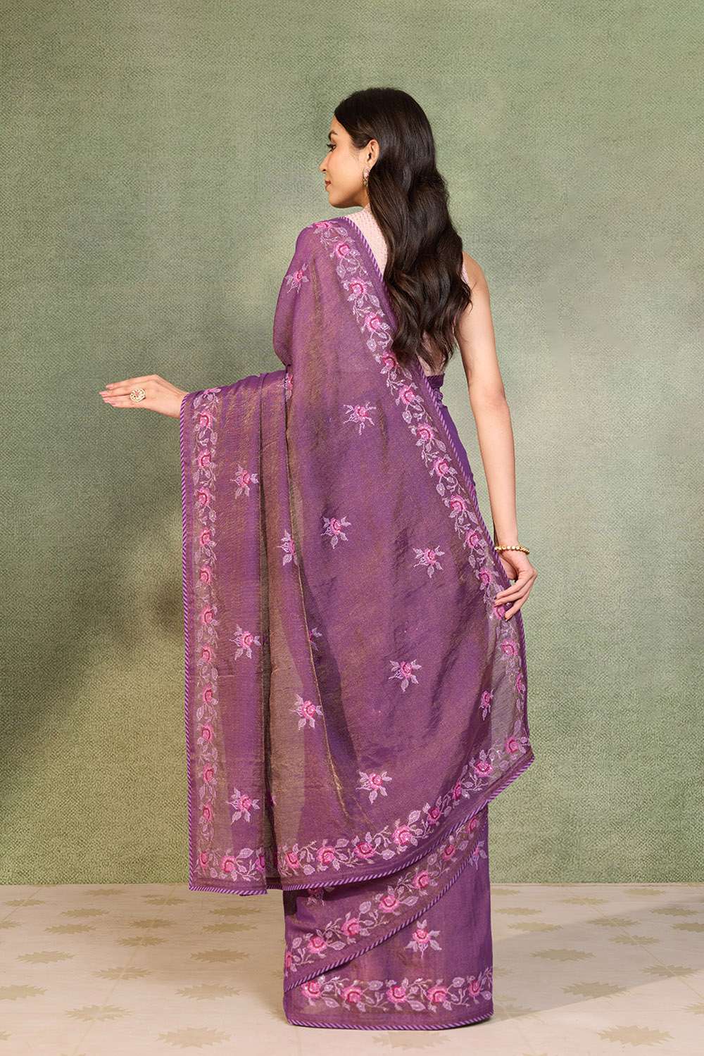 Dark Violet Tissue Lyocell Linen Embroidered Saree image number null