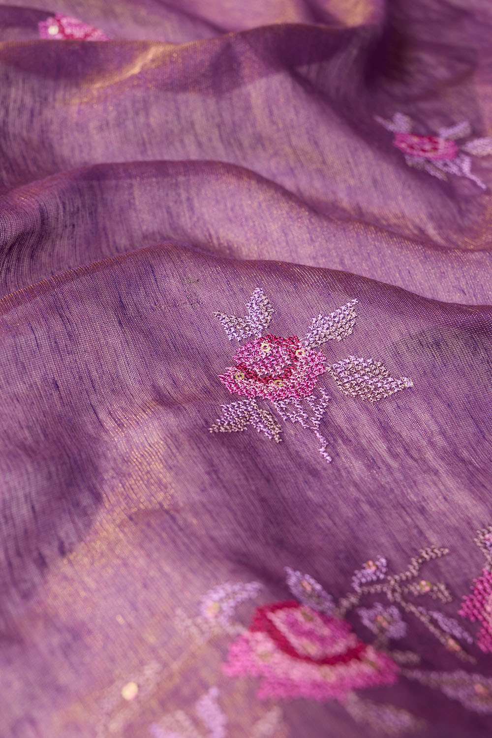 Dark Violet Tissue Lyocell Linen Embroidered Saree image number null