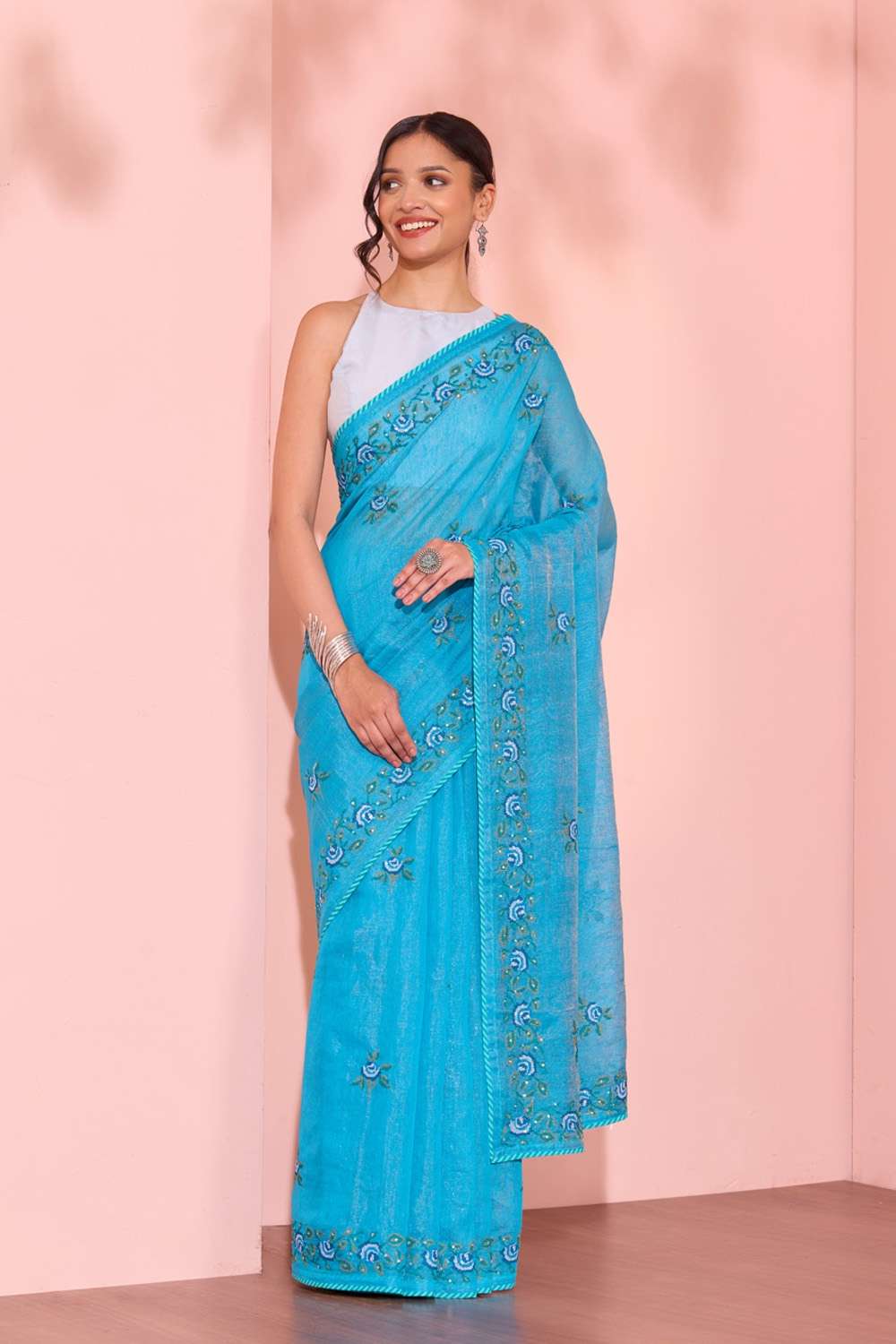 Dark Blue  Tissue Lyocell Linen Embroidered Saree image number null