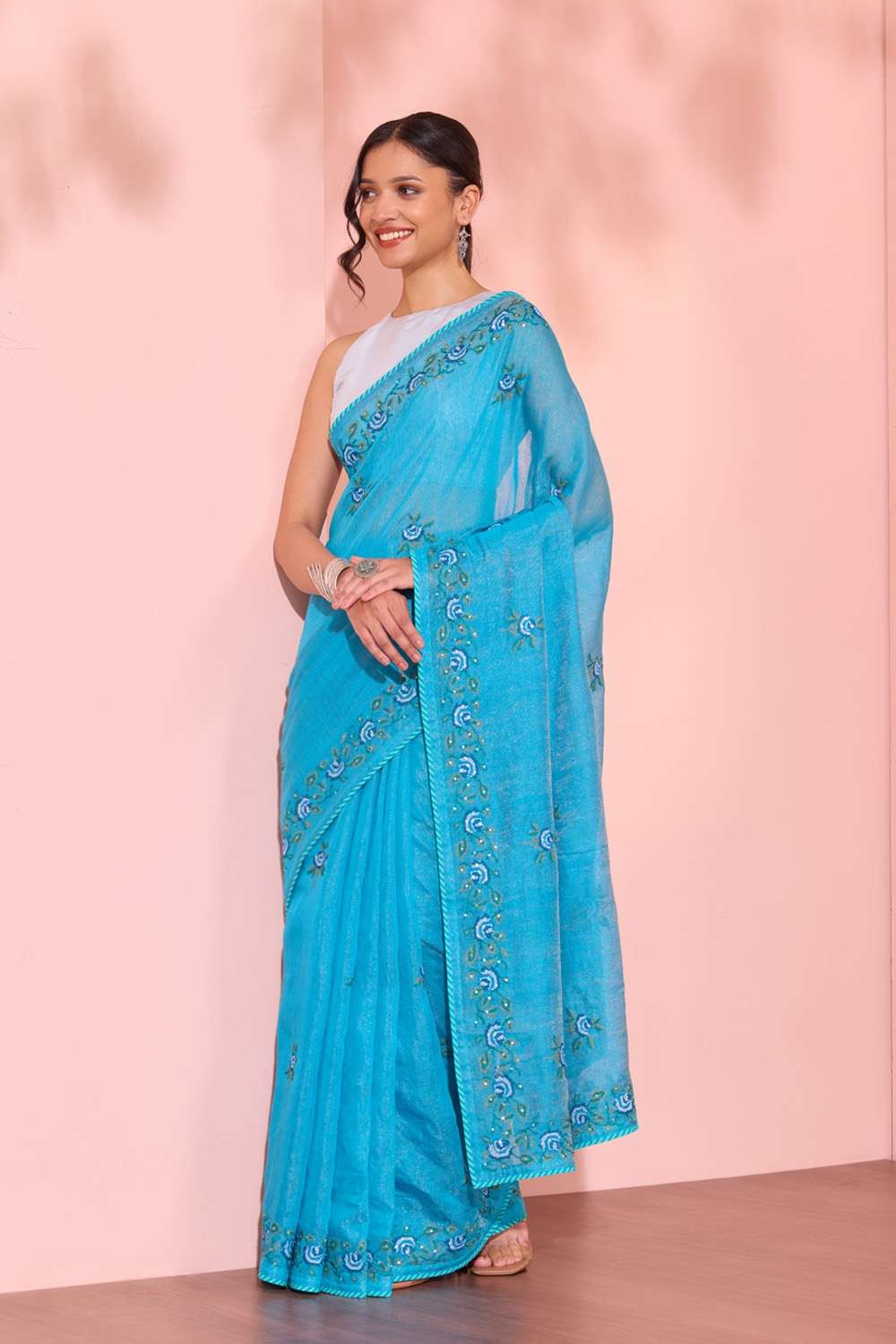 Dark Blue  Tissue Lyocell Linen Embroidered Saree image number null