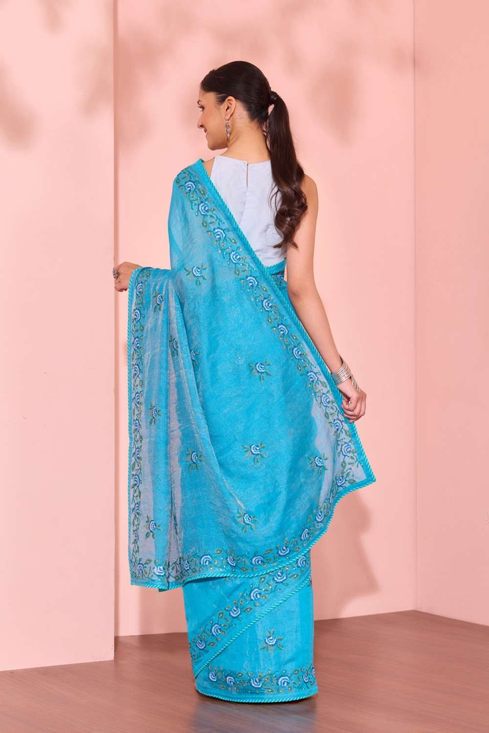 Dark Blue  Tissue Lyocell Linen Embroidered Saree image number null