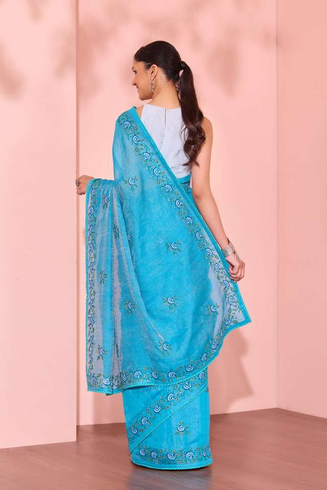 Dark Blue  Tissue Lyocell Linen Embroidered Saree thumbnail image number null