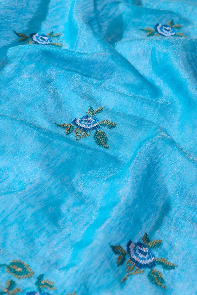 Dark Blue  Tissue Lyocell Linen Embroidered Saree thumbnail image number null