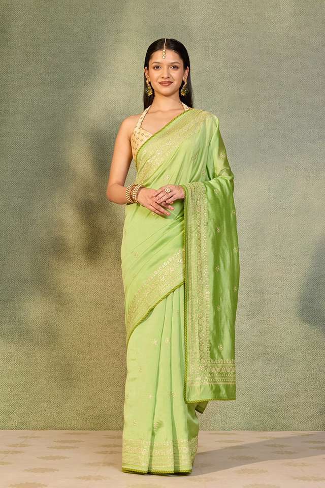Green Embroidered Silk Viscose Saree image number