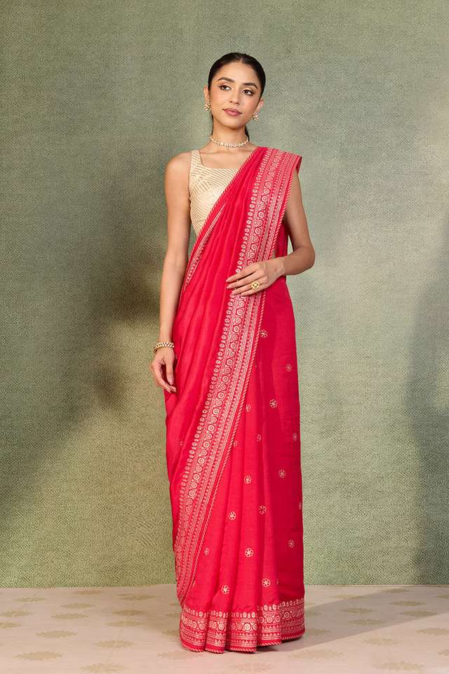 Dark Pink Embroidered Silk Viscose Saree image number