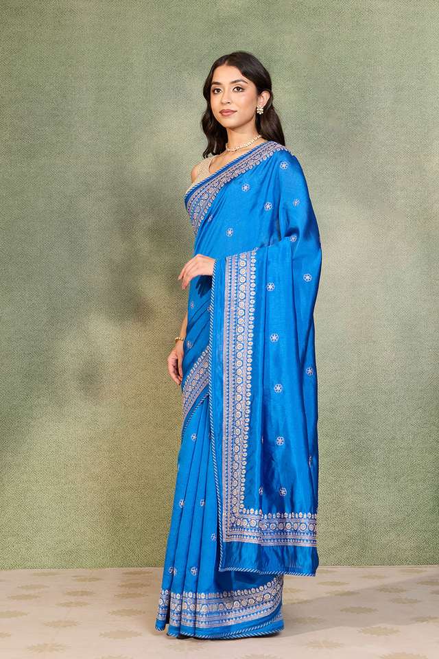 Blue Embroidered Silk Viscose Saree thumbnail image number null