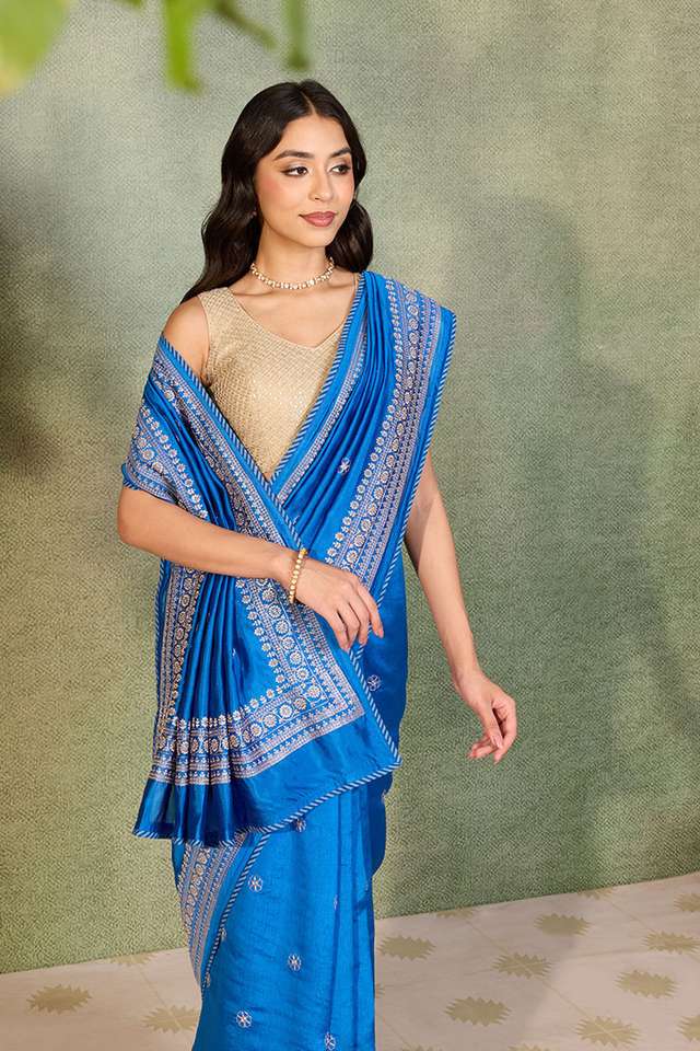 Blue Embroidered Silk Viscose Saree thumbnail image number null