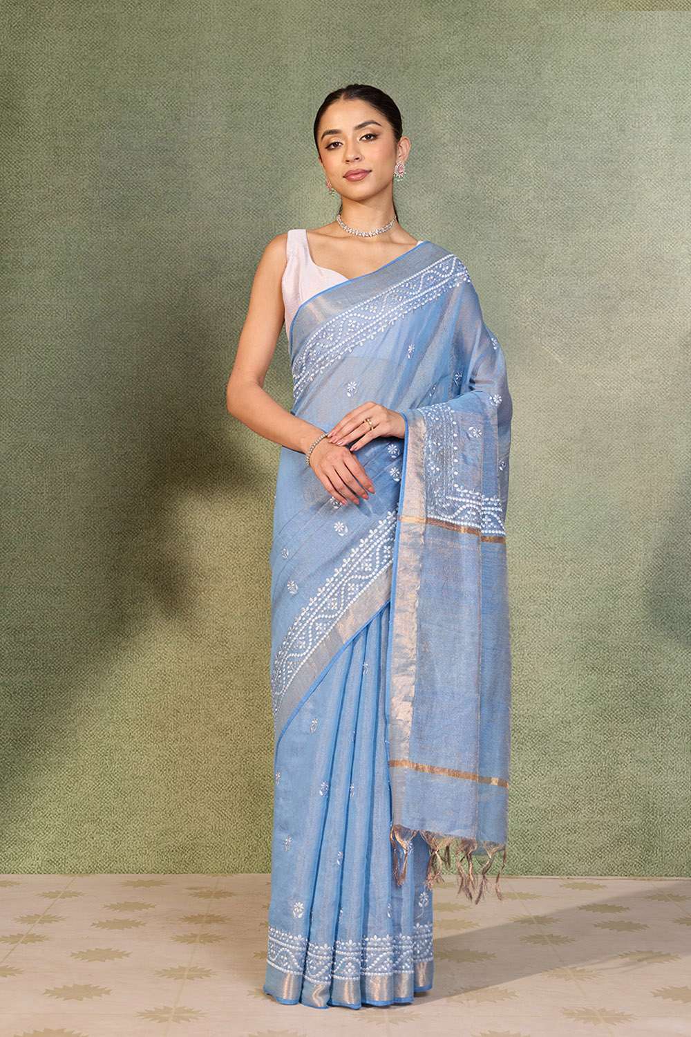 Light Blue Embroidered Tissue Lyocell Linen Saree image number null