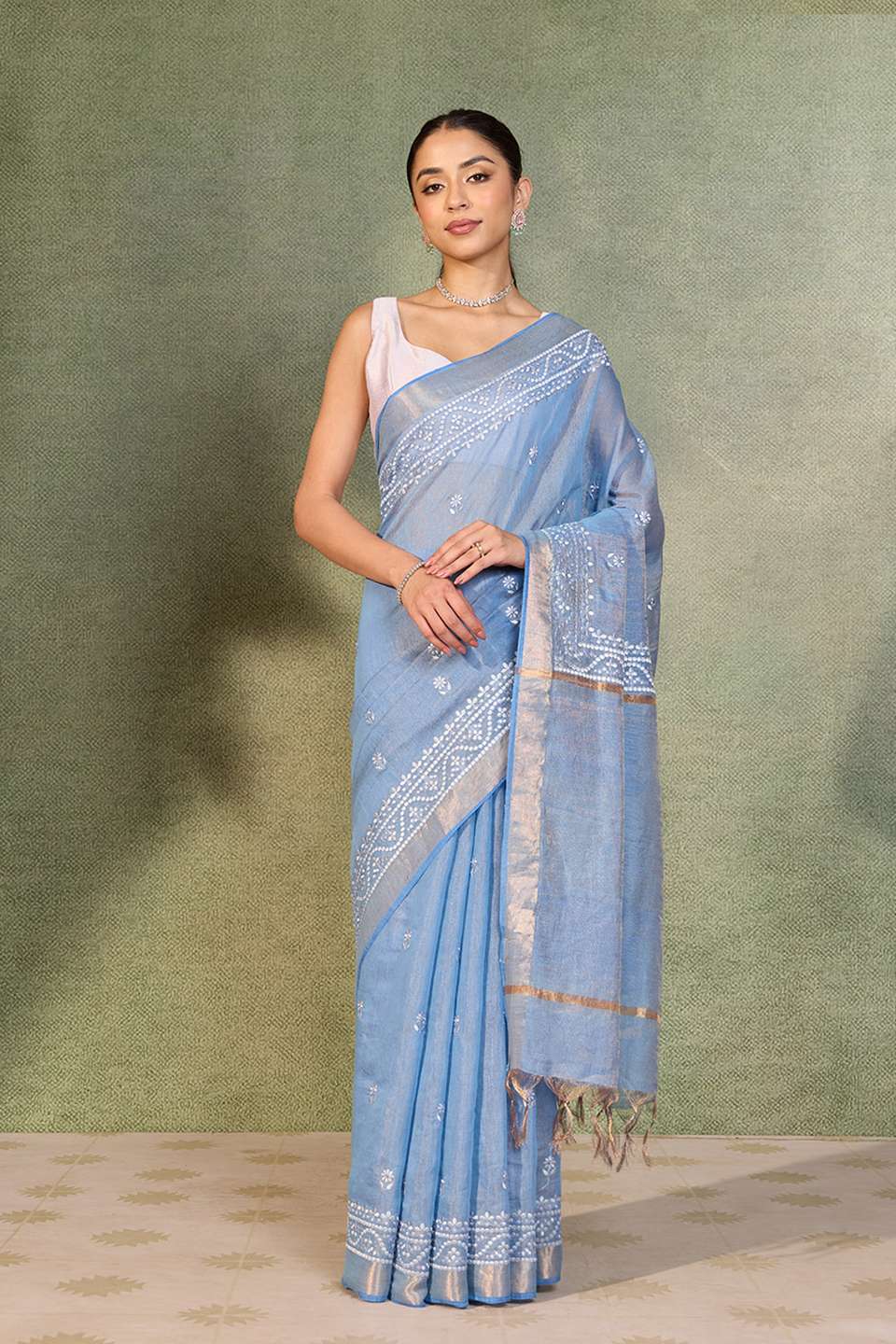 Light Blue Embroidered Tissue Lyocell Linen Saree