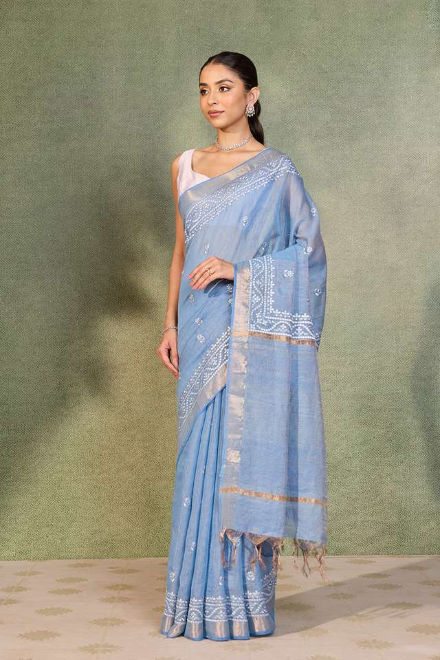 Light Blue Embroidered Tissue Lyocell Linen Saree thumbnail image number null