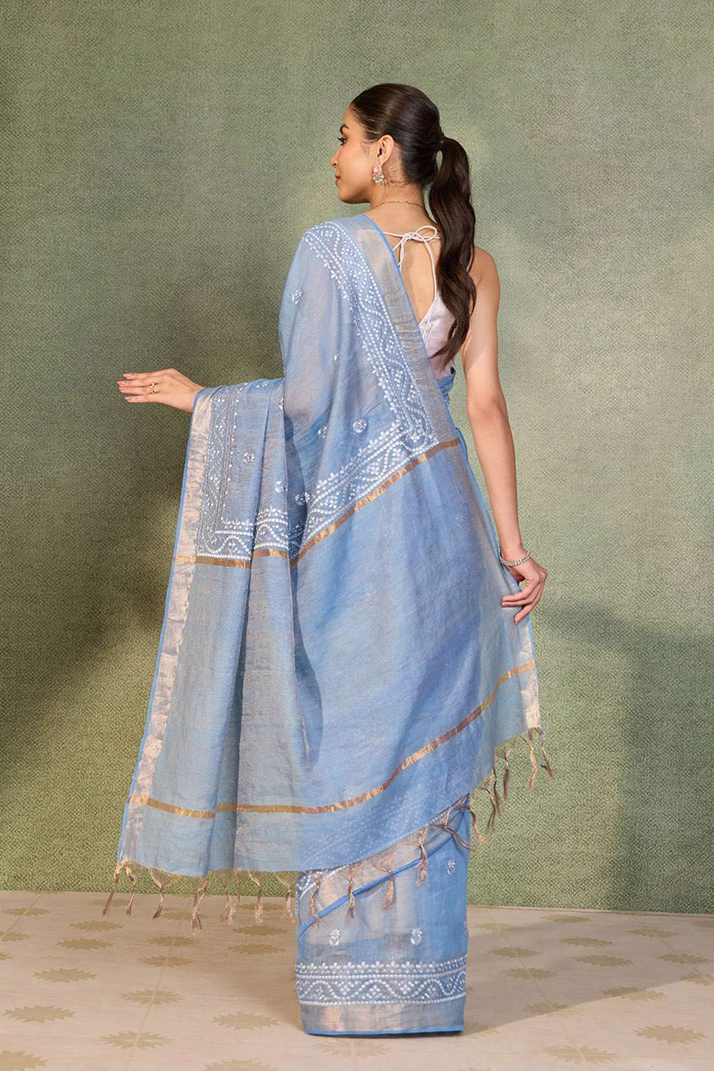 Light Blue Embroidered Tissue Lyocell Linen Saree image number null
