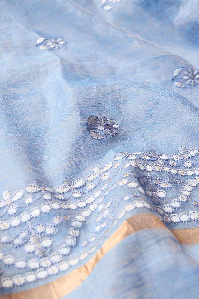 Light Blue Embroidered Tissue Lyocell Linen Saree thumbnail image number null