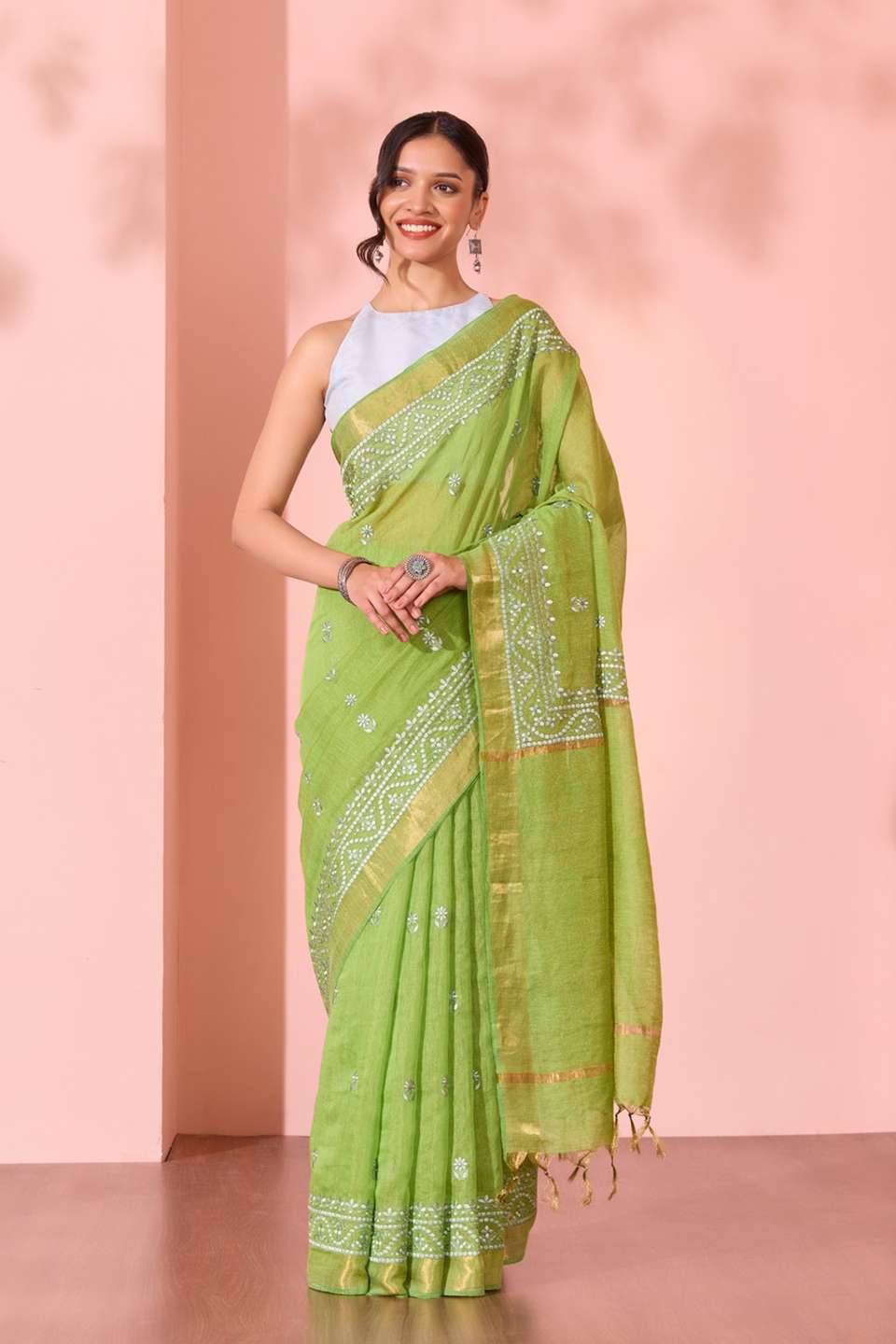 Green  Tissue Lyocell Linen Embroidered Saree