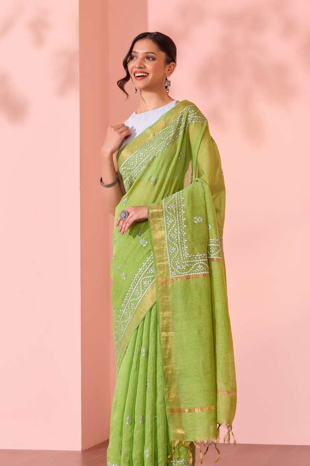 Green  Tissue Lyocell Linen Embroidered Saree thumbnail image number null