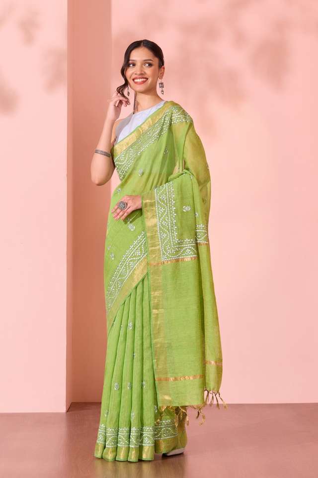 Green  Tissue Lyocell Linen Embroidered Saree thumbnail image number null