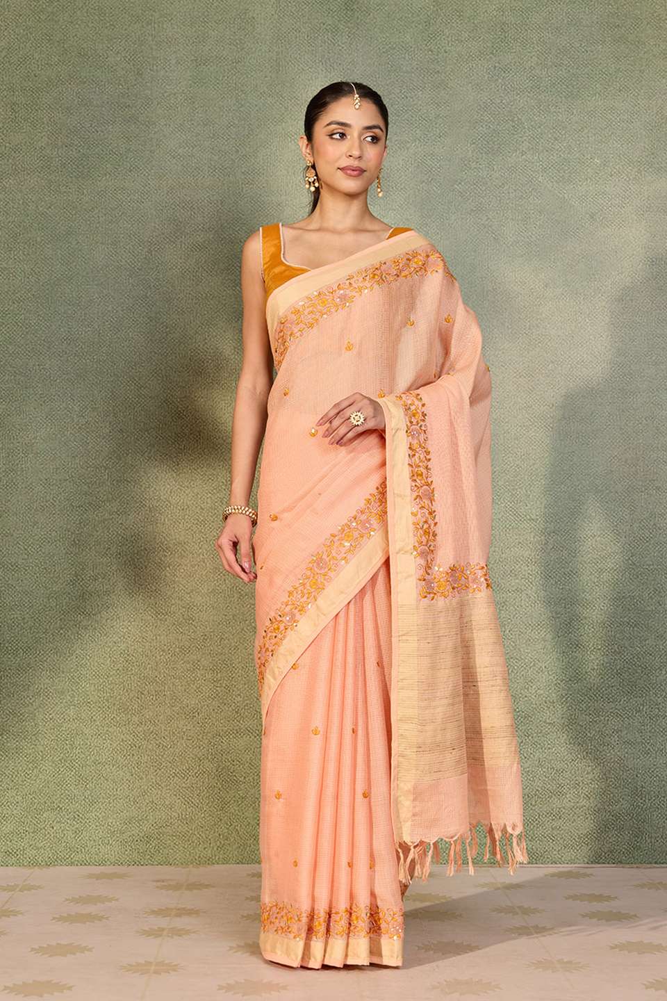 Light Orange Embroidered Silk Viscose Saree