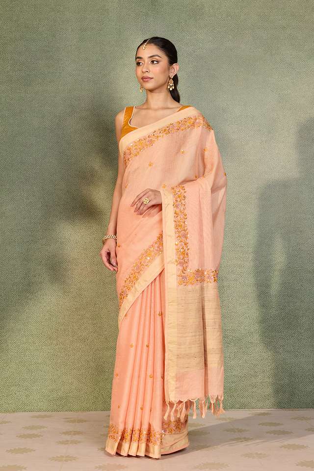 Light Orange Embroidered Silk Viscose Saree thumbnail image number null
