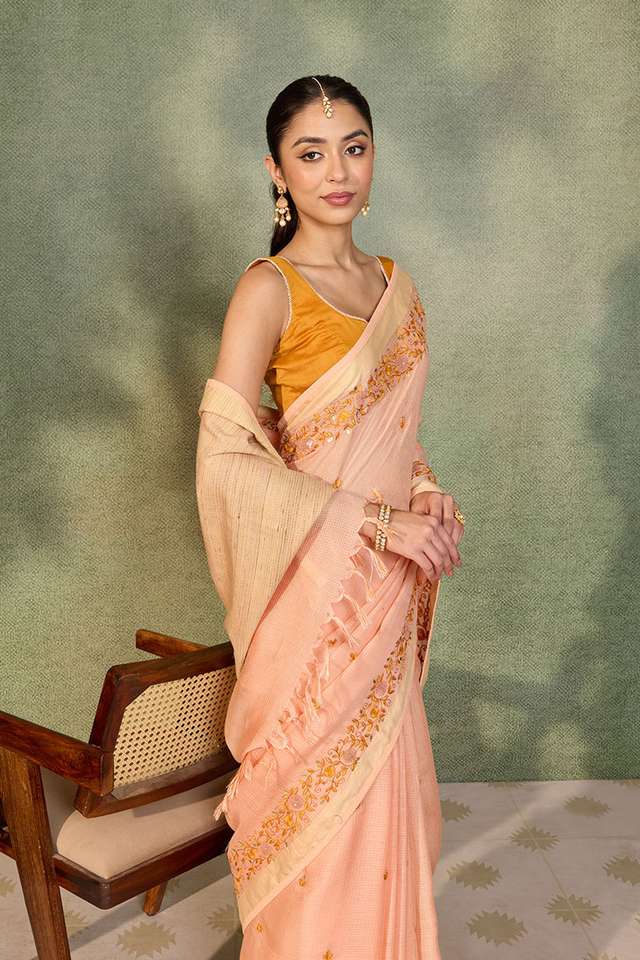 Light Orange Embroidered Silk Viscose Saree thumbnail image number null
