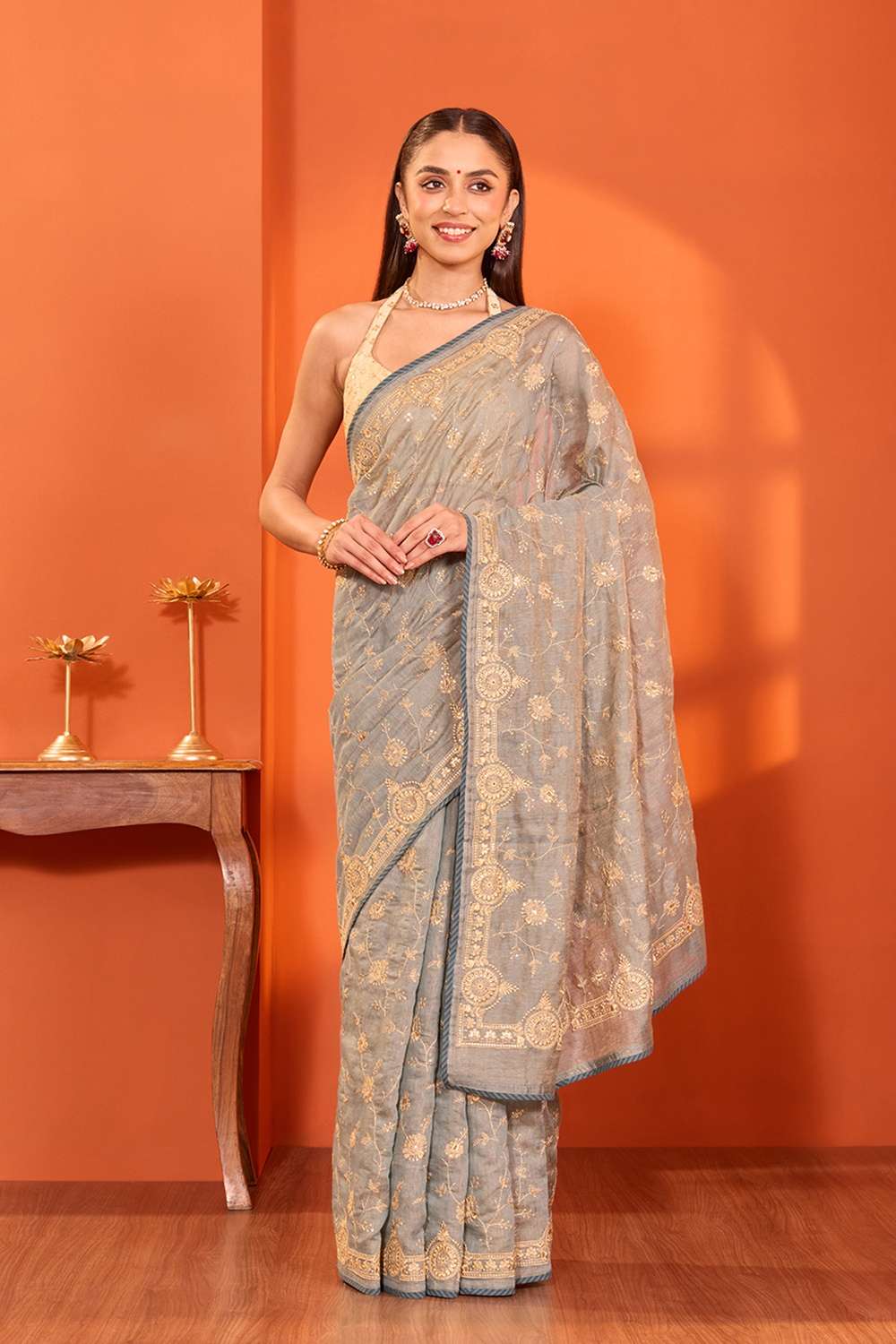 Light Blue  Tissue Lyocell Linen Embroidered Saree image number null