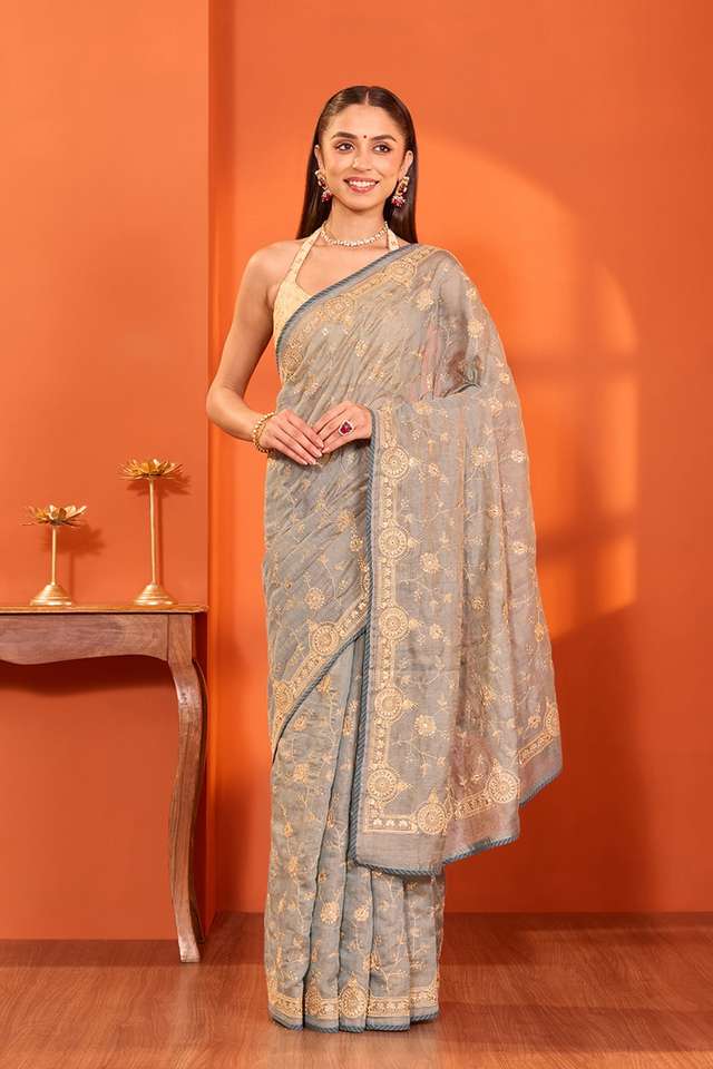 Light Blue  Tissue Lyocell Linen Embroidered Saree thumbnail image number null