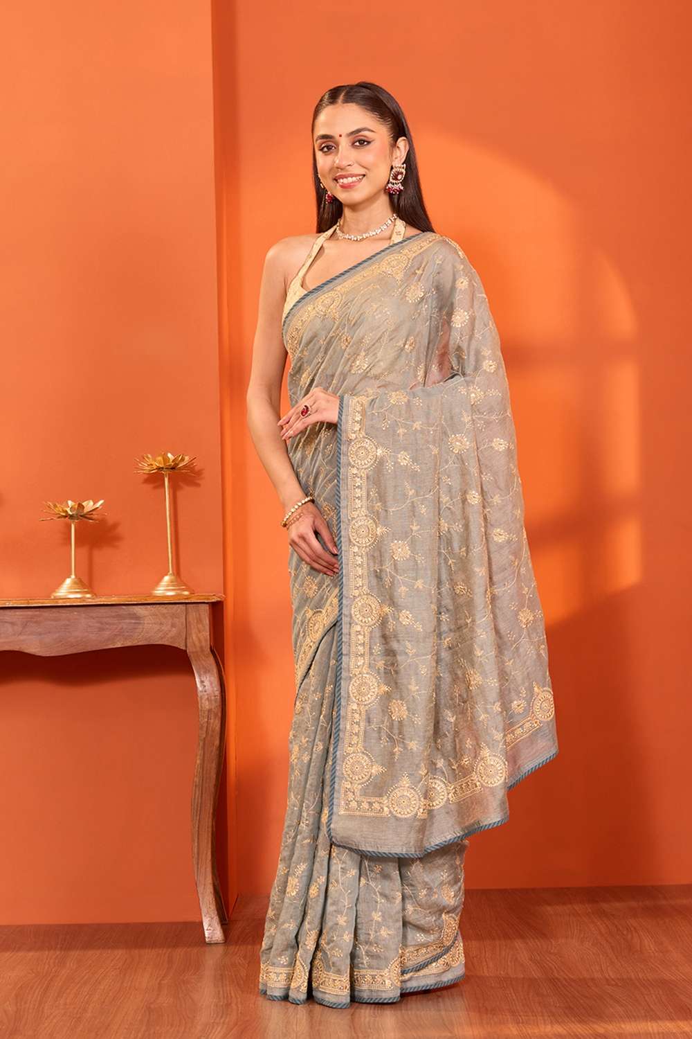 Light Blue  Tissue Lyocell Linen Embroidered Saree image number null