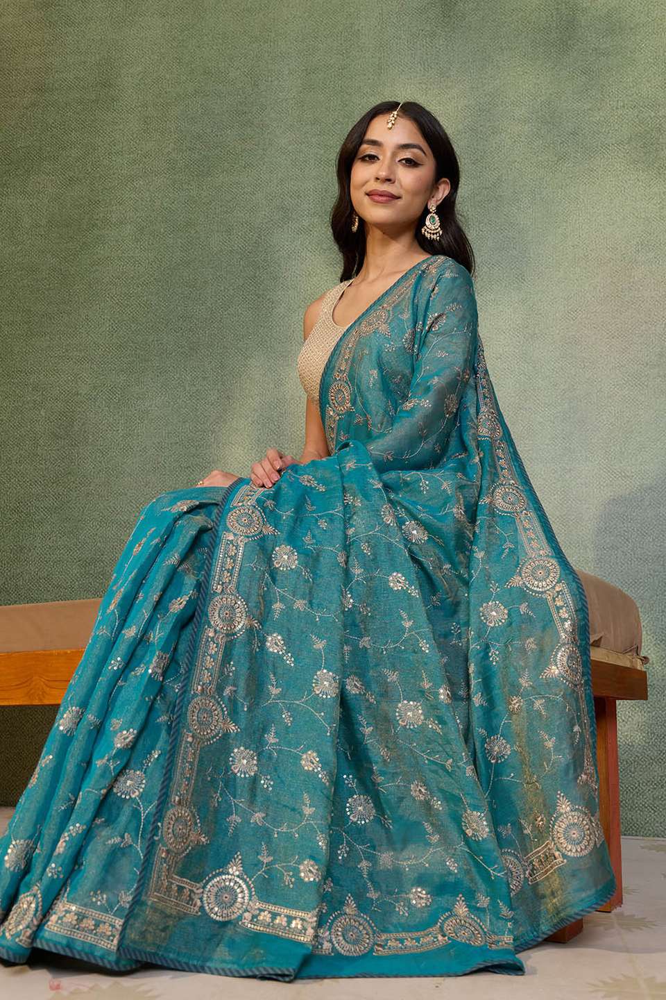 Blue Tissue Lyocell Linen Embroidered Saree