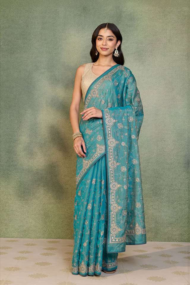 Blue Tissue Lyocell Linen Embroidered Saree thumbnail image number null